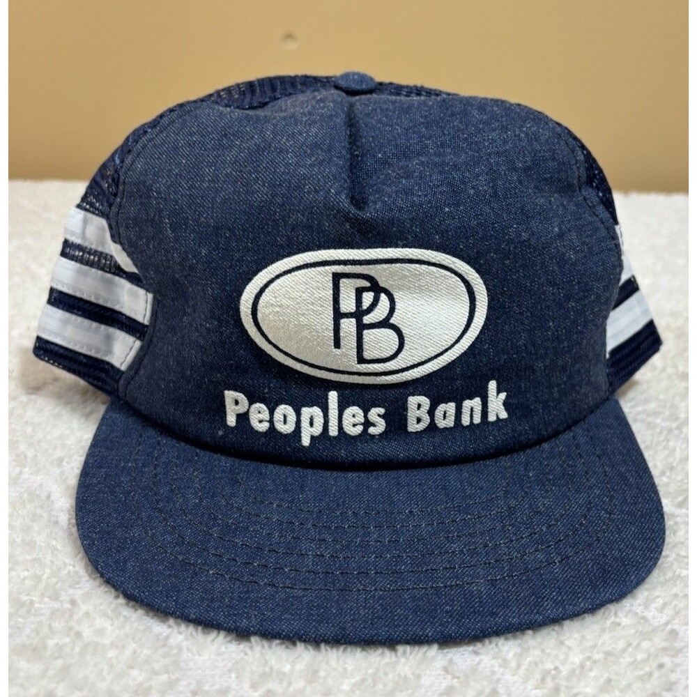 New Vintage 80s Peoples Bank 3 Striped USA Made Mesh Back Trucker Hat Adjustable